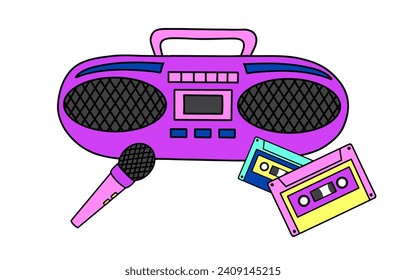 Retro tape recorder with audio cassettes and microphone. Portable stereo radio cassette boombox. Pop culture from 90s concept. 90s 00s style hand drawn vector illustration