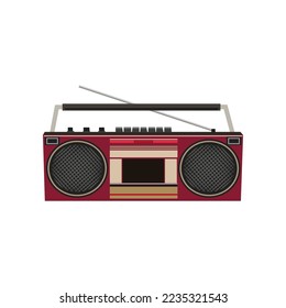 Retro tape recorder cartoon illustration. Cartoon drawing of vintage red boombox isolated on white background. Media, radio, entertainment concept