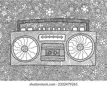 Retro tape recorder coloring page. Hand drawn doodle vintage tape recorder in 90s style vector illustration