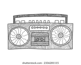 Retro tape recorder coloring page. Hand drawn doodle vintage tape recorder in 90s style vector coloring page