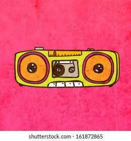 Retro Tape Recorder. Cute Hand Drawn Vector illustration, Vintage Paper Texture Background