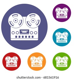 Retro tape recorder icons set in flat circle red, blue and green color for web