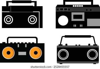 Retro tape recorder and radio vector icon set. 