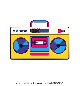 Retro tape recorder. Vector icon of 90s cassette player. Vintage audio device or nostalgic boombox. Symbol for music playback or street sound sign. Portable mixtape stereo with analog speakers.