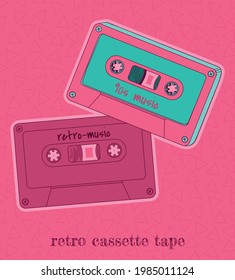 retro tapes in cartoon style, pink and green