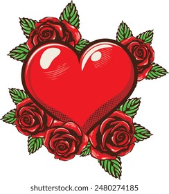 Retro tattoo design with red heart and roses with leaves.