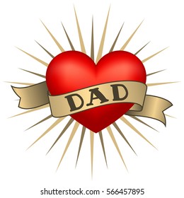 Retro Tattoo Heart With Gold Ribbons And Word Dad. Vector Illustration. Old School Vintage Style Heart