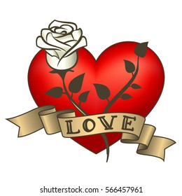 Retro tattoo heart with gold ribbons. Happy Valentine's Day card. Vector illustration. Old school vintage style heart