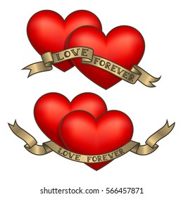 Retro tattoo hearts with gold ribbons. Happy Valentine's Day card. Vector illustration. Old school vintage style hearts