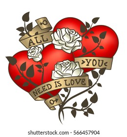 Retro tattoo hearts with gold ribbons. Happy Valentine's Day card. Vector illustration. Old school vintage style hearts