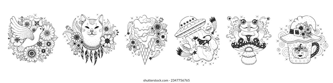 Retro tattoo. Hippie psychedelic tattoo art with flowers, frog on mushroom, cat hippy, dove peace symbol, UFO, Halooween tea cup. Groovy black line tattoo stickers. Vector doodle emoji set. Hippy art