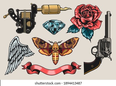 Retro tattoo line art set. Vintage gun, rose, revolver, ribbon, diamond clipart vector illustration collection. Tattoo studio and design elements concept