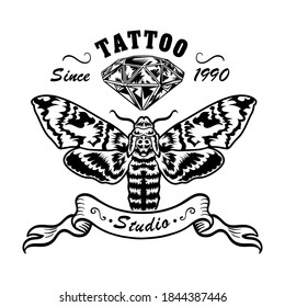 Retro tattoo with moth vector illustration. Vintage butterfly and diamond sketch. Tattoo design, art and style concept can be used for retro template, banner or poster
