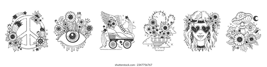 Retro tattoo. Psychedelic art with flowers, eye, mushrooms, girl hippie, peace symbol, roller skate. Groovy black line tattoo stickers. Hippy woman with glasses, cactus, rollerskate. Vector doodle set