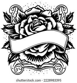 retro tattoo with rose and banner in black and white