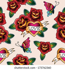 Retro tattoo seamless pattern for st.Valentines day 