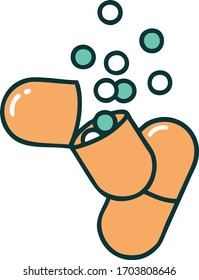 Retro Tattoo Style burst open medical capsule pill