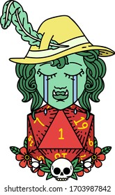 Retro Tattoo Style crying bard orc bard character with natural one D20 roll