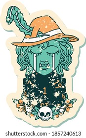 Retro Tattoo Style crying bard orc bard character with natural one D20 roll
