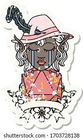 Retro Tattoo Style crying elf bard character with natural one D20 roll