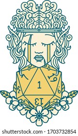 Retro Tattoo Style crying elf barbarian character with natural one D20 roll
