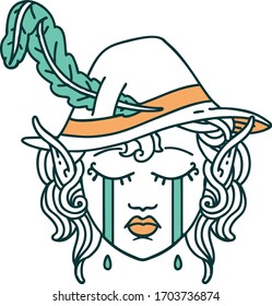 Retro Tattoo Style crying elf bard character face