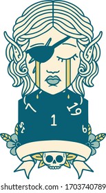 Retro Tattoo Style crying elf rogue character with natural one D20 roll