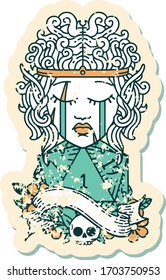 Retro Tattoo Style crying elf barbarian character face natural one d20 roll