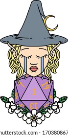Retro Tattoo Style crying elf witch with natural one D20 roll