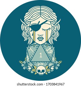 Retro Tattoo Style crying elf rogue character face with natural one D20 roll