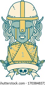 Retro Tattoo Style crying elf fighter character face with natural one D20 roll