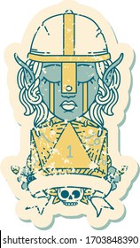 Retro Tattoo Style crying elf fighter character face with natural one D20 roll