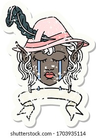 Retro Tattoo Style crying elf bard character face with banner