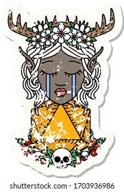 Retro Tattoo Style crying elf druid character face with natural one D20 roll