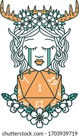 Retro Tattoo Style crying elf druid character face with natural one D20 roll