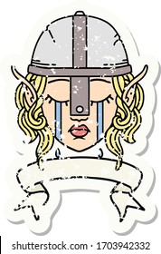 Retro Tattoo Style crying elf fighter character face with banner