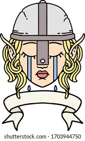 Retro Tattoo Style crying elf fighter character face with banner