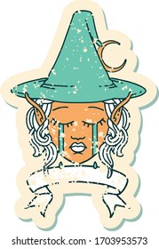 Retro Tattoo Style crying elf mage character face wiht banner