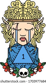 Retro Tattoo Style crying elf barbarian character with natural one D20 roll