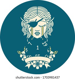 Retro Tattoo Style crying elf rogue character with natural one D20 roll