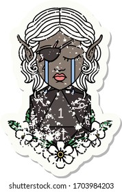 Retro Tattoo Style crying elf rogue character face with natural one D20 roll
