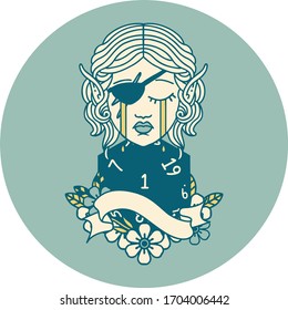 Retro Tattoo Style crying elf rogue character face with natural one D20 roll