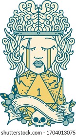 Retro Tattoo Style crying elf barbarian character face natural one d20 roll