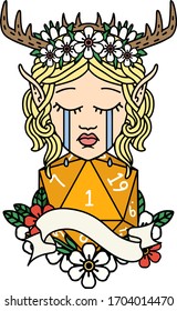 Retro Tattoo Style crying elf druid character face with natural one roll