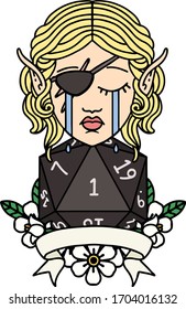 Retro Tattoo Style crying elf rogue character with natural one D20 roll