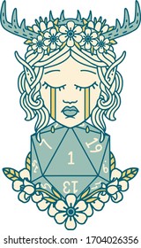 Retro Tattoo Style crying elf druid character face with natural one D20 roll