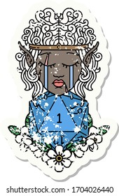 Retro Tattoo Style crying elf barbarian character with natural one D20 roll