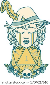 Retro Tattoo Style crying elf bard character with natural one D20 roll