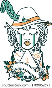 Retro Tattoo Style crying elf bard character face with natural one d20 dice roll
