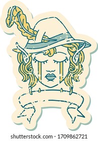 Retro Tattoo Style crying elf bard character face with banner